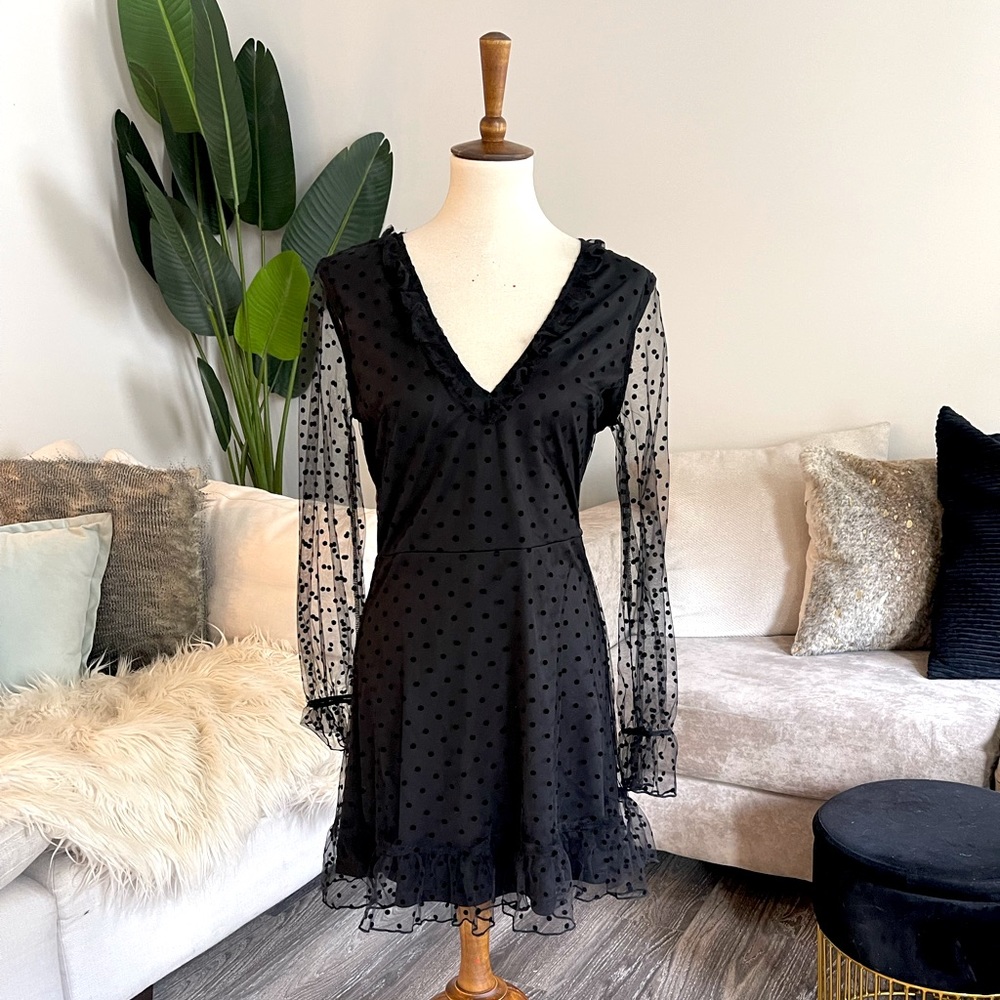 Black Dobby Dot long sleeve midi dress